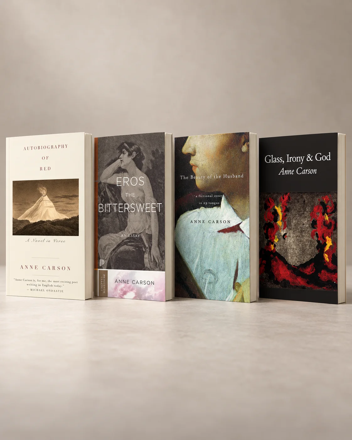 Anne Carson Set of 4 Books Combo: Autobiography of Red, Eros the Bittersweet, The Beauty of the Husband & Glass, Irony and God